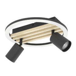 Round ceiling light fixture with two adjustable black spotlights and a wood slat centerpiece