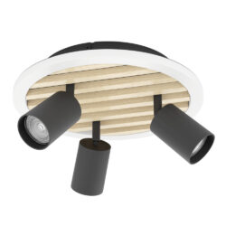 Round ceiling light fixture with a white outer ring and a wood-paneled base featuring three black adjustable spotlights.