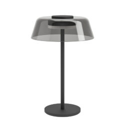 Modern black desk lamp with a smoky gray, dome-shaped shade and circular base