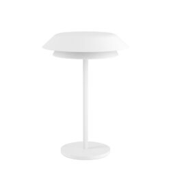 White minimalist table lamp with a double-layered shade on a slim stem and round base.