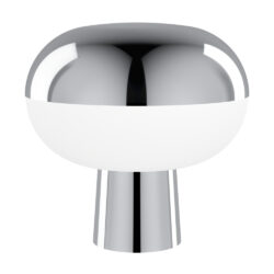 Glossy chrome sculpture with a white hemispherical lower half and a gray curved band on top.