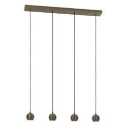 Four bronze pendant lights hang from a rectangular ceiling bar with evenly spaced cords and globe shades.