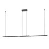 Long black linear pendant light hanging from the ceiling by three cables with a slim bar design.