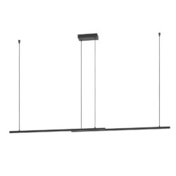 Long black linear pendant light hanging from the ceiling by three cables with a slim bar design.