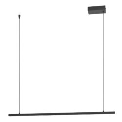 Long pendant light fixture with a slim horizontal bar suspended by two cables from the ceiling.
