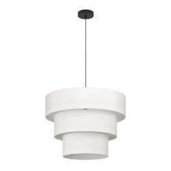 White fabric layered pendant light with three circular shades suspended by a black cord from the ceiling.