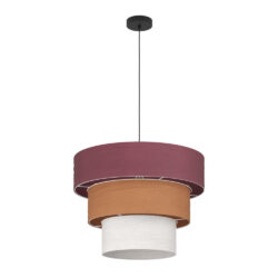 Three-tier fabric drum pendant light in burgundy, orange, and cream hanging from a corded ceiling mount.