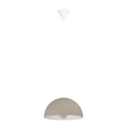 Beige ribbed dome pendant light hanging from a white ceiling canopy by a cord.