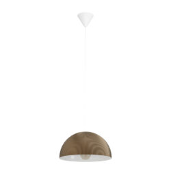 Brown ribbed dome pendant lamp hanging from a ceiling with a white interior shade and exposed bulb