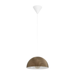 Brown ribbed semi-sphere pendant lamp hanging from a white cord and canopy, with the bulb visible inside the shade.