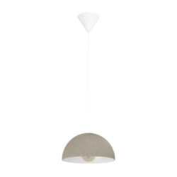 Beige ribbed dome pendant light hanging from a white cord and canopy, with an exposed bulb inside.