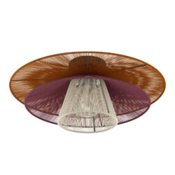 A layered woven ceiling light fixture with three concentric circular shades in brown, purple, and white, hanging from the center.