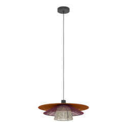 Pendant light fixture with layered orange, purple, and beige cone shades hanging from a black cord against a white background at ceiling mount height.