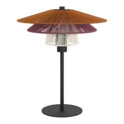 Modern table lamp with three stacked conical shades in orange, purple, and cream on a slim black stand with a circular base.