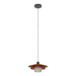Pendant light fixture with multicolored layered circular shade hanging from the ceiling.