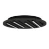 Round black circular ceiling light fixture with curved slats forming a vent-like design