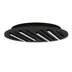 Round black circular ceiling light fixture with curved slats forming a vent-like design