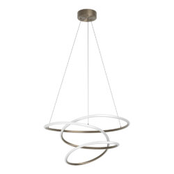 Modern pendant light with two interlocking circular rings hanging from ceiling mount, bronze and white finish, decorative ceiling fixture.