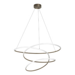 Modern pendant light fixture with three interlocking circular rings suspended from a bronze ceiling mount for decorative illumination