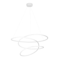 White modern pendant light with three overlapping circular hoops suspended from the ceiling.