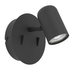Black wall-mounted adjustable spotlight/sconce with a circular base and angled cylindrical shade.