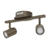 Bronze two-light ceiling track fixture with adjustable spotlights on a horizontal bar and circular ceiling mount above it
