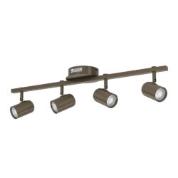 Brown ceiling-mounted track light with four adjustable spotlights