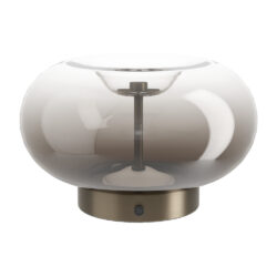 Table lamp with a large clear glass bubble shade and a bronze base with a small switch on the base