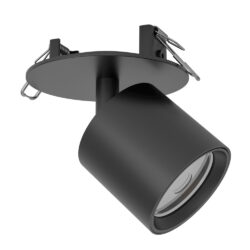Black ceiling spotlight with an adjustable cylindrical head mounted on a circular plate with spring clips (track lighting).