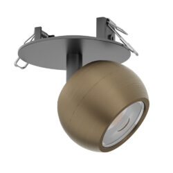 Ceiling-mounted spotlight with a round brushed-brass shade and grey mounting plate/track hardware (adjustable)