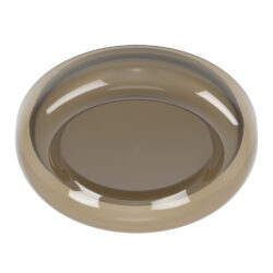 Round amber-brown glass bowl with a shallow central cavity, viewed from above.