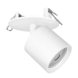 White ceiling spotlight with a cylindrical shade mounted on a round base, adjustable head for directional lighting.