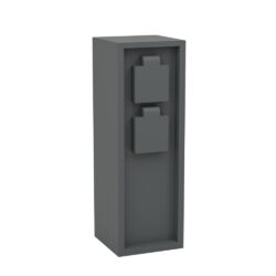 Tall gray safe-like cabinet with a recessed front panel and two square, vertically stacked handles.
