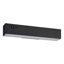 Black rectangular LED wall light with a frosted bottom panel, mounted horizontally on a wall.
