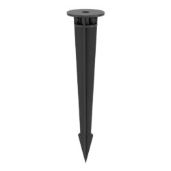 Black ground stake with a round plate on top and a sharp pointed end, used to secure posts to the ground