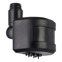 Black modular mounting device with a threaded cylindrical connector on top and a row of metal pins at the bottom, used for electrical connections or attachment.