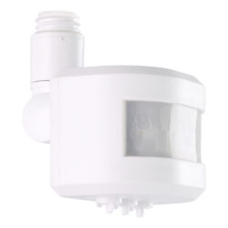 White security motion sensor with a translucent window showing infrared sensor elements, mounted on a white housing