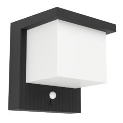 Black rectangular outdoor wall light with a white cube shade and a small sensor beneath.
