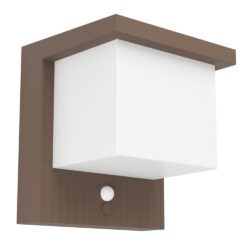 Outdoor wall sconce with a white cube shade and brown frame, featuring a built-in motion sensor below the shade.