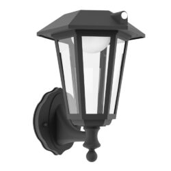 Outdoor wall-mounted lantern with glass panels and a dark metal frame (decorative exterior light).