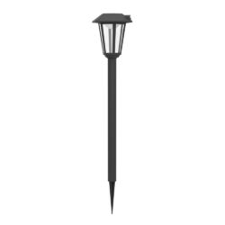 Black outdoor garden stake light with a glass-paneled lantern on a pointed stake.