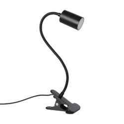Black clip-on desk lamp with a flexible gooseneck and small cylindrical head for adjustable task lighting