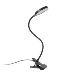 Clip-on desk lamp with a flexible gooseneck and round LED head, mounted on a clamp base used to illuminate a workspace.