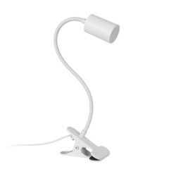 White clip-on desk lamp with a long flexible neck and cylindrical shade at the top of the gooseneck