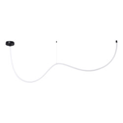 White curved pendant light with two ends hanging from ceiling, forming an S-shaped arc in a minimalist style