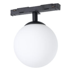 Black ceiling light fixture with a large frosted white glass globe