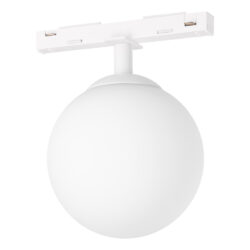 White globe ceiling light fixture mounted on a rectangular bar with a short stem.",