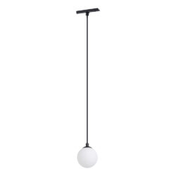 Pendant light: single white glass globe hanging from a black cord and ceiling mount.