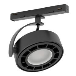 Black track lighting fixture with a circular, adjustable spotlight mounted to a ceiling track.