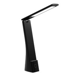 Black modern adjustable desk lamp with a long, slim arm and circular touch button on the base.